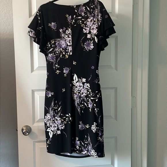 Lauren black dark floral cinched dress SZ 14 black wrap style ruffle career - Picture 7 of 14